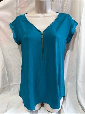 Express Teal V-Neck Zip Front Cap Sleeve Blouse